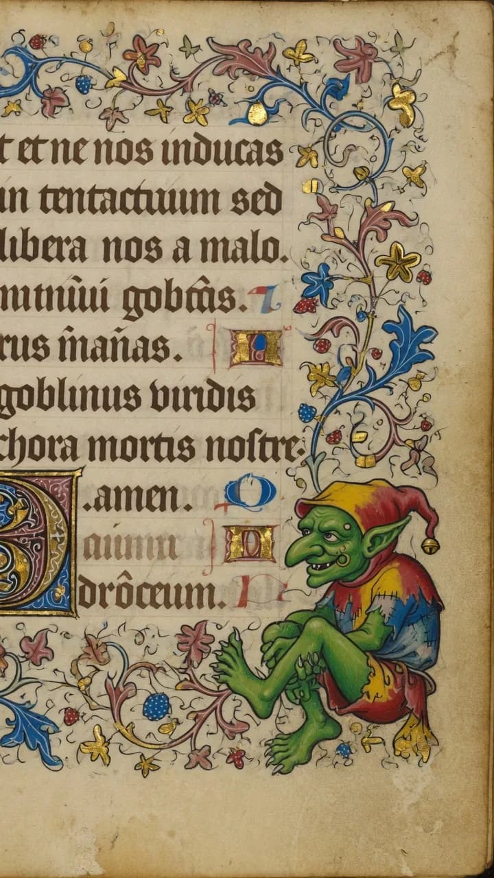 Manuscript marginalia: goblinus viridis i jester-kläder